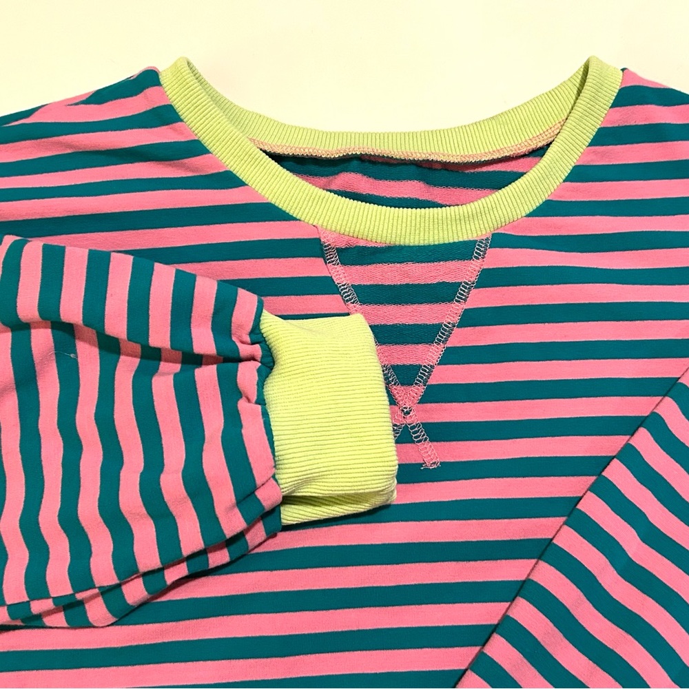 Watermelon Pink/Green Striped Crew Neck Pullover Sweatshirt with Lime Accents